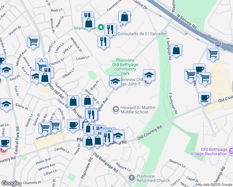 map of restaurants, bars, coffee shops, grocery stores, and more near 4 Millford Court in Plainview