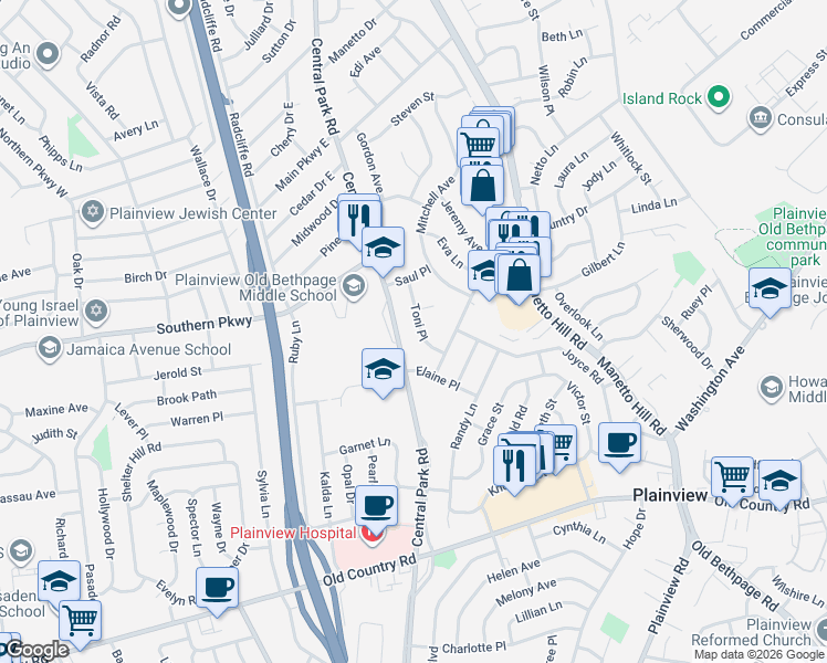 map of restaurants, bars, coffee shops, grocery stores, and more near 25 Toni Place in Plainview