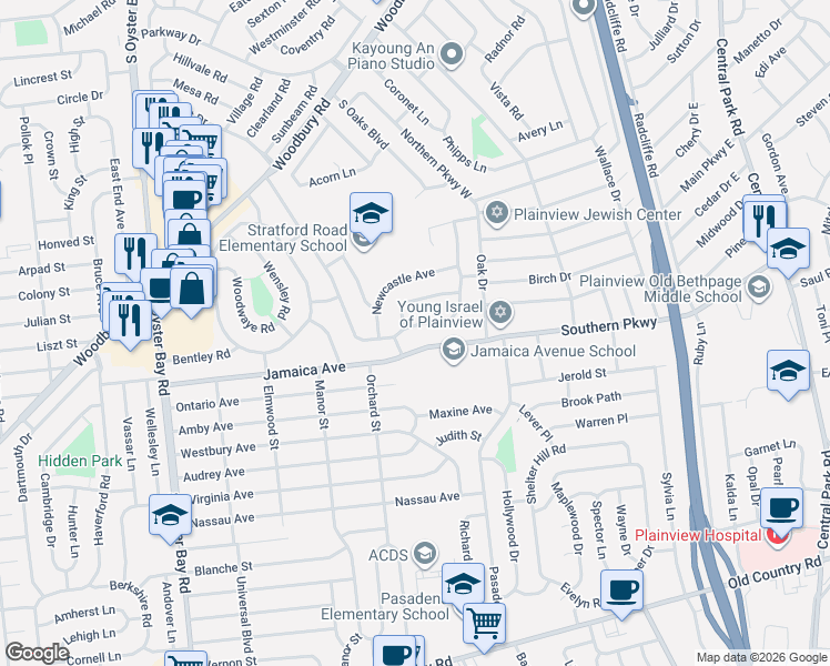 map of restaurants, bars, coffee shops, grocery stores, and more near 17 Roxbury Avenue in Plainview