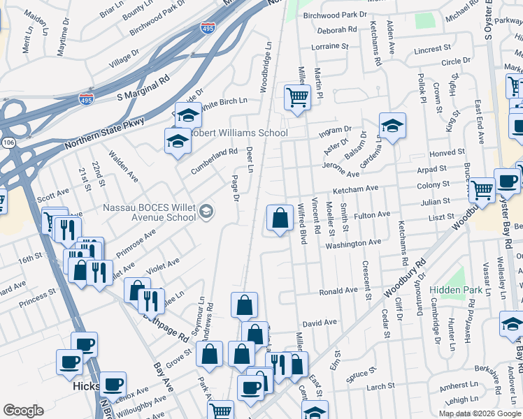 map of restaurants, bars, coffee shops, grocery stores, and more near 57 Deer Lane in Hicksville