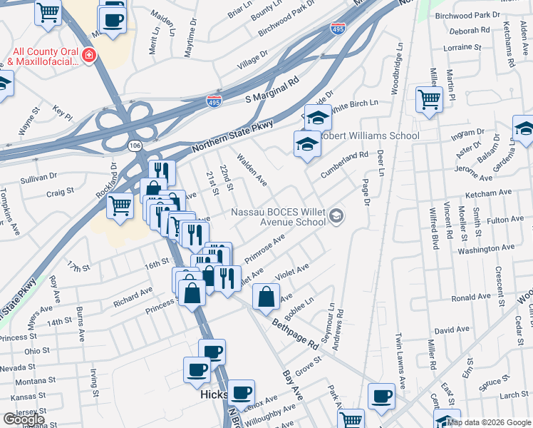 map of restaurants, bars, coffee shops, grocery stores, and more near 60 Elmtree Lane in Jericho