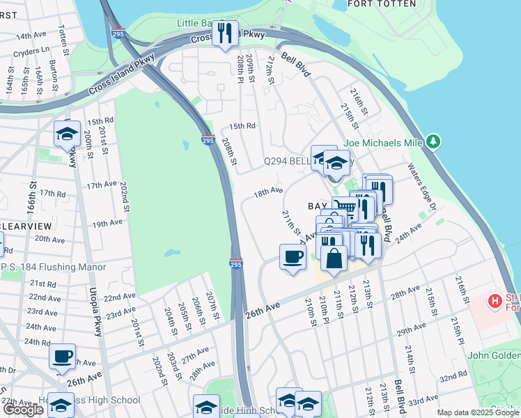 map of restaurants, bars, coffee shops, grocery stores, and more near 209-25 18th Avenue in Queens