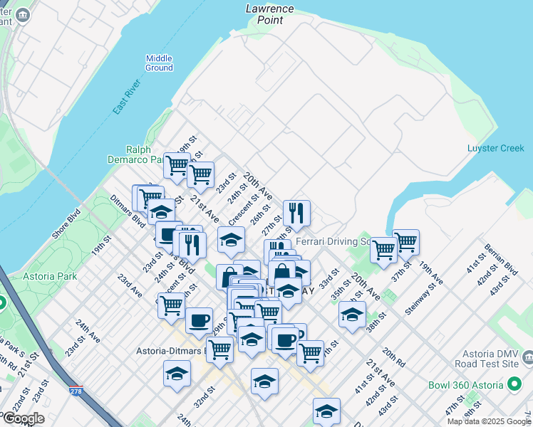 map of restaurants, bars, coffee shops, grocery stores, and more near 206 20th Avenue in Queens