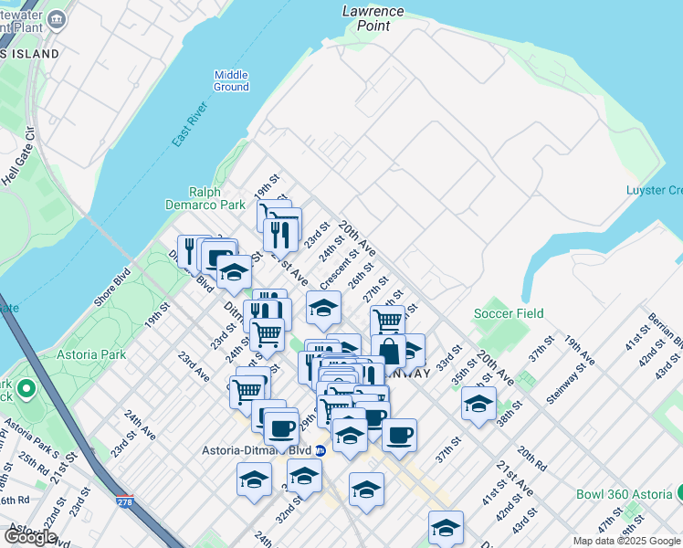 map of restaurants, bars, coffee shops, grocery stores, and more near 20-22 Crescent Street in Queens