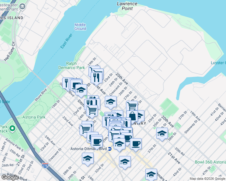 map of restaurants, bars, coffee shops, grocery stores, and more near 20-22 Crescent Street in Queens