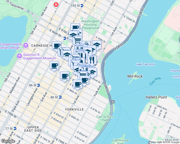 map of restaurants, bars, coffee shops, grocery stores, and more near 327 East 93rd Street in New York