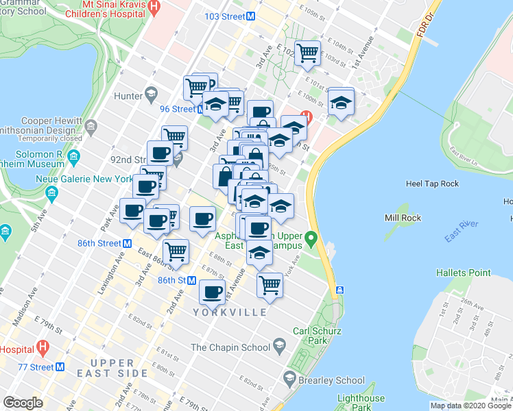 map of restaurants, bars, coffee shops, grocery stores, and more near 327 East 93rd Street in New York