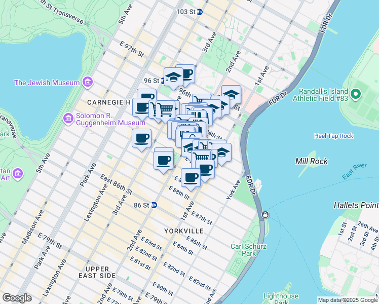 map of restaurants, bars, coffee shops, grocery stores, and more near 240 East 93rd Street in New York