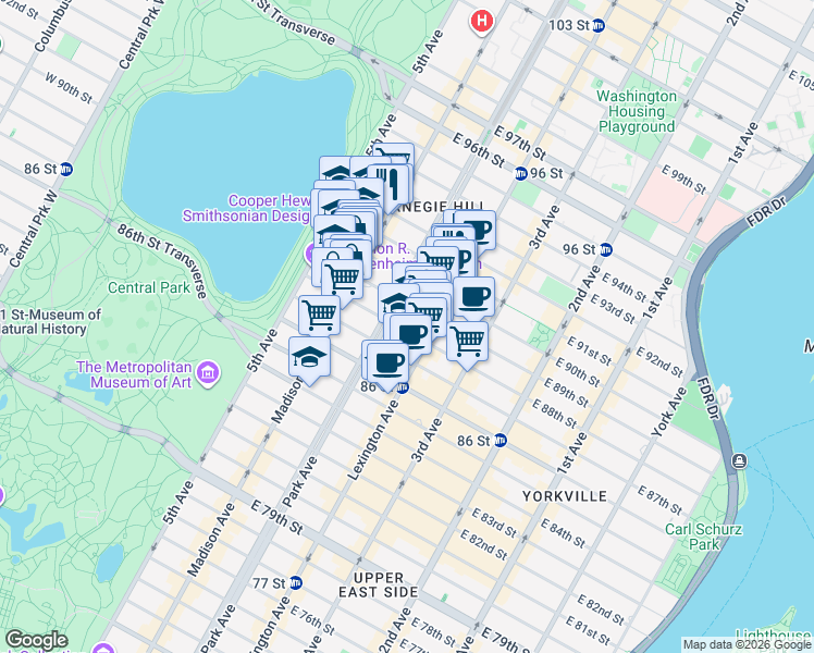 map of restaurants, bars, coffee shops, grocery stores, and more near Park Avenue in New York