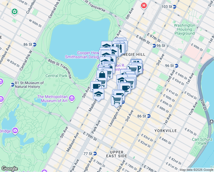 map of restaurants, bars, coffee shops, grocery stores, and more near 49 East 88th Street in New York