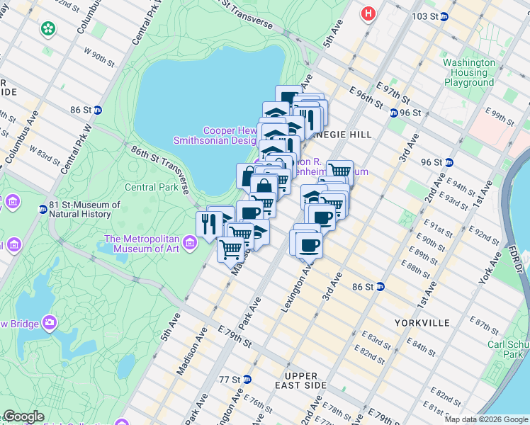 map of restaurants, bars, coffee shops, grocery stores, and more near 11 East 87th Street in New York