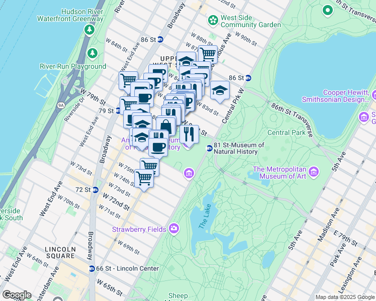 map of restaurants, bars, coffee shops, grocery stores, and more near 200 Central Park West in New York