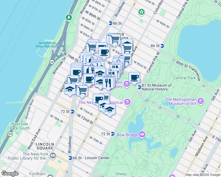 map of restaurants, bars, coffee shops, grocery stores, and more near 129 West 78th Street in New York