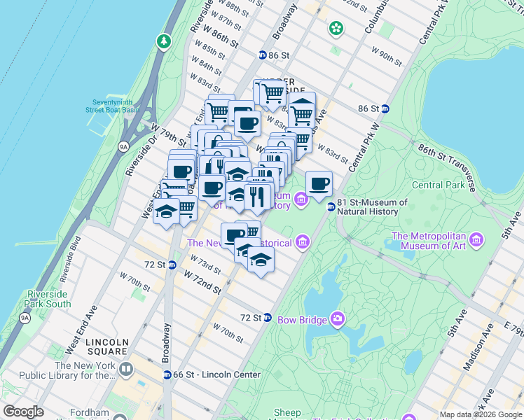 map of restaurants, bars, coffee shops, grocery stores, and more near 129 West 78th Street in New York