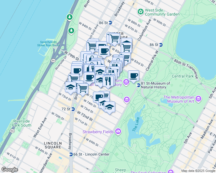 map of restaurants, bars, coffee shops, grocery stores, and more near 129 West 78th Street in New York