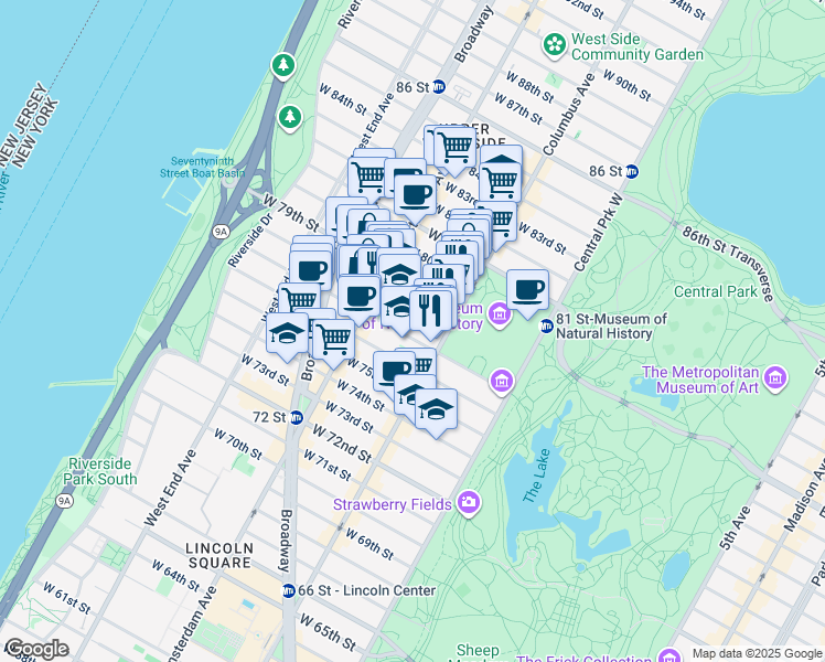 map of restaurants, bars, coffee shops, grocery stores, and more near 129 West 78th Street in New York