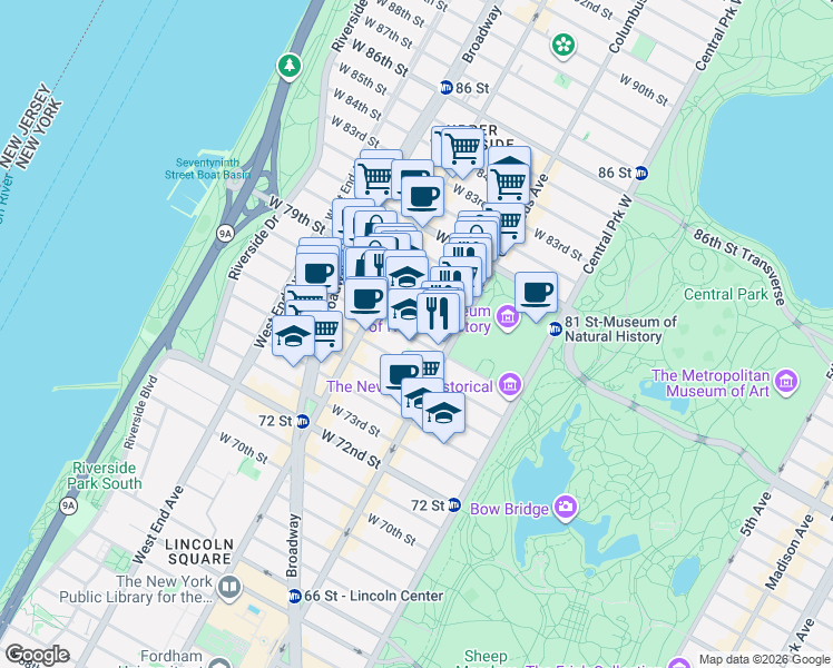 map of restaurants, bars, coffee shops, grocery stores, and more near 129 West 78th Street in New York