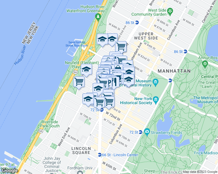 map of restaurants, bars, coffee shops, grocery stores, and more near 235 West 76th Street in New York