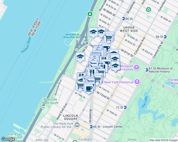 map of restaurants, bars, coffee shops, grocery stores, and more near in New York