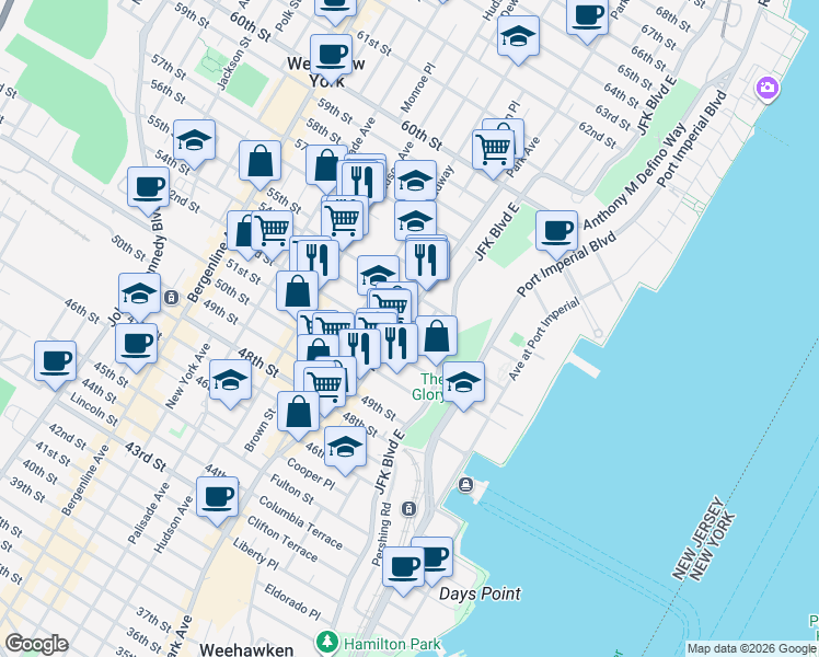 map of restaurants, bars, coffee shops, grocery stores, and more near 5300 Broadway in West New York