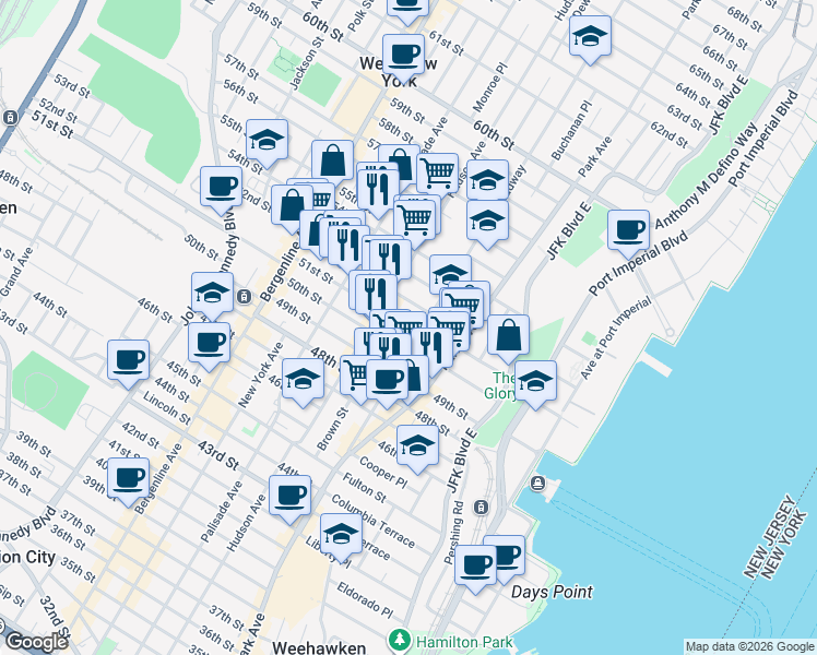 map of restaurants, bars, coffee shops, grocery stores, and more near 223 52nd Street in West New York