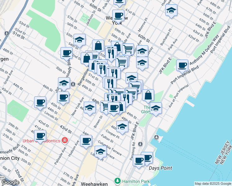 map of restaurants, bars, coffee shops, grocery stores, and more near 223 52nd Street in West New York