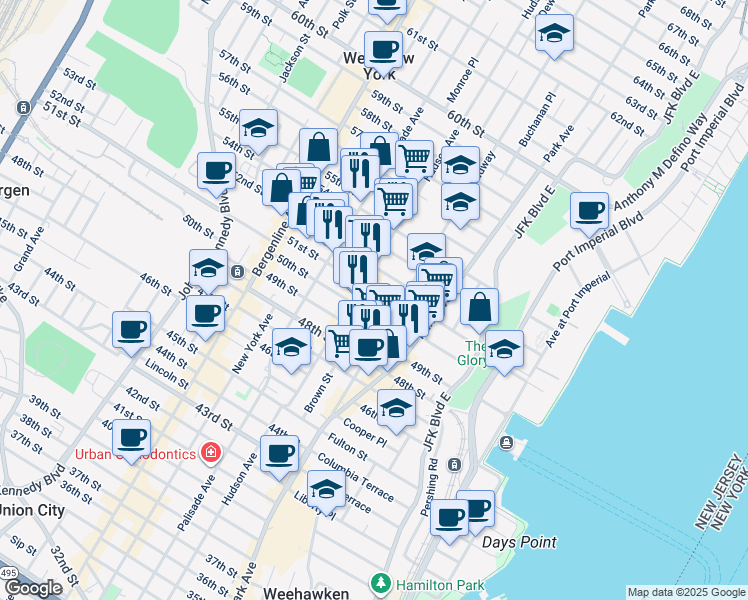 map of restaurants, bars, coffee shops, grocery stores, and more near 223 52nd Street in West New York