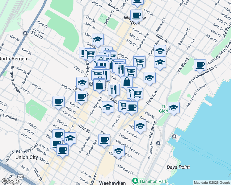 map of restaurants, bars, coffee shops, grocery stores, and more near 402 50th Street in West New York