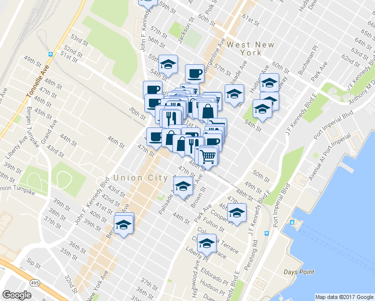map of restaurants, bars, coffee shops, grocery stores, and more near 402 50th Street in West New York