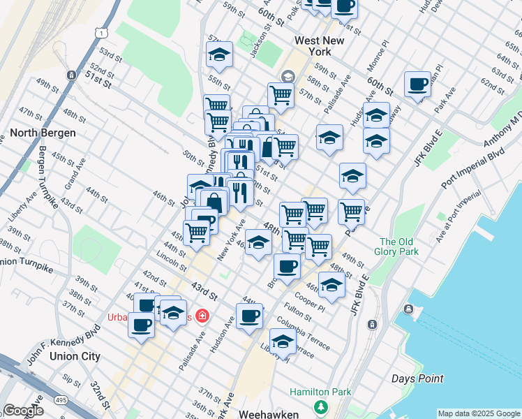 map of restaurants, bars, coffee shops, grocery stores, and more near 328 49th Street in Union City