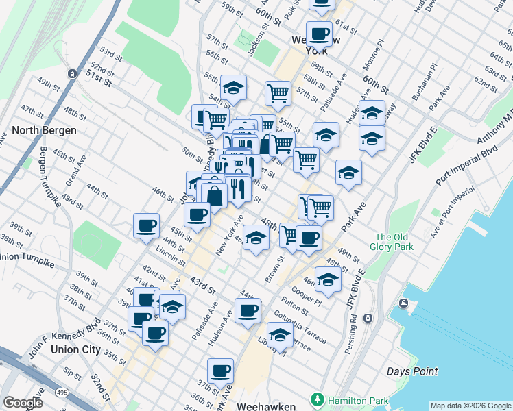 map of restaurants, bars, coffee shops, grocery stores, and more near 328 49th Street in Union City