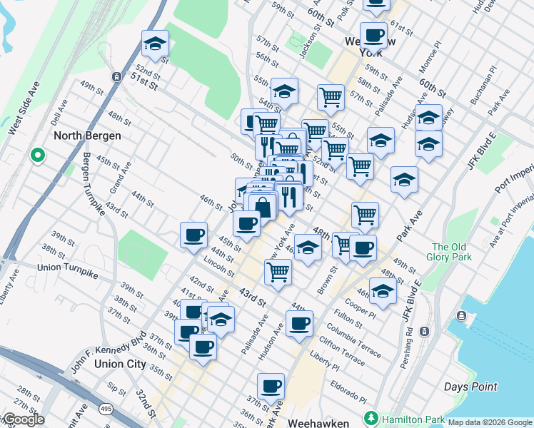 map of restaurants, bars, coffee shops, grocery stores, and more near 4811 Bergenline Avenue in Union City