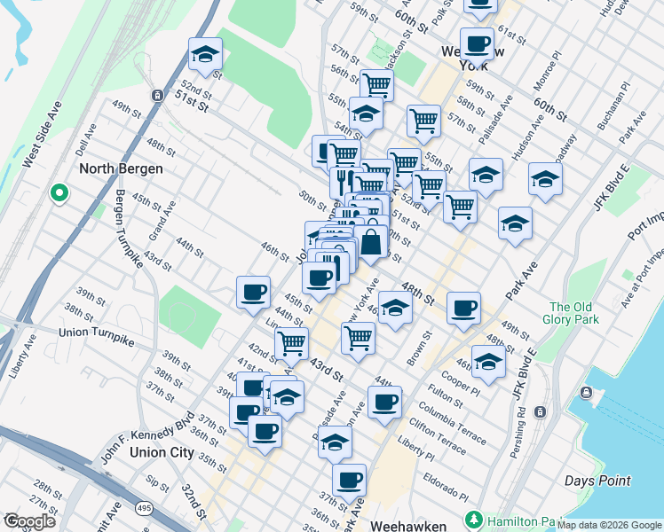 map of restaurants, bars, coffee shops, grocery stores, and more near 535 48th Street in Union City