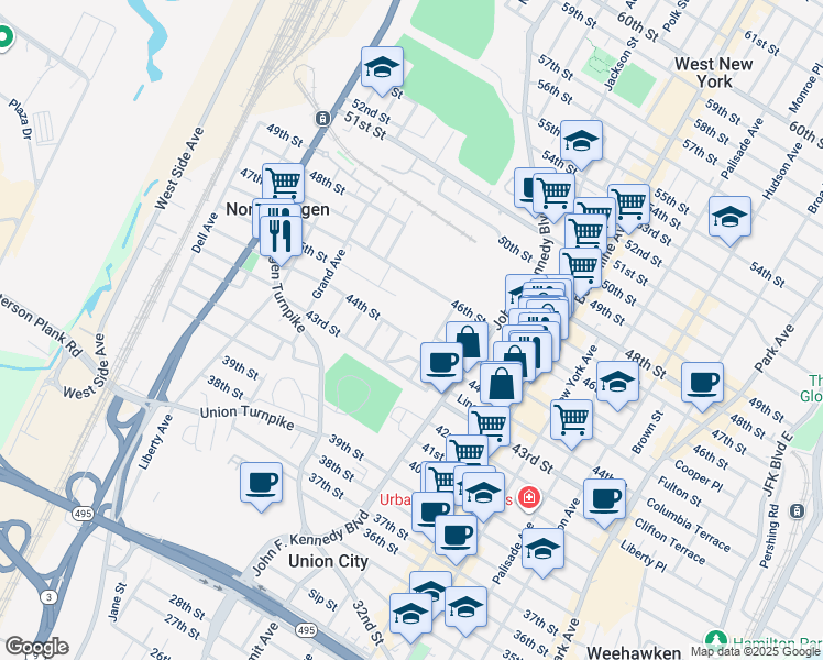map of restaurants, bars, coffee shops, grocery stores, and more near 1223 46th Street in North Bergen