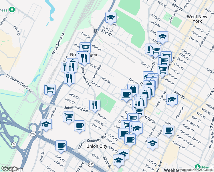 map of restaurants, bars, coffee shops, grocery stores, and more near 1410 44th Street in North Bergen
