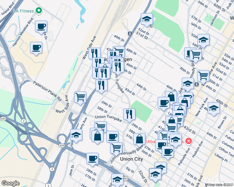 map of restaurants, bars, coffee shops, grocery stores, and more near 4218 Bergen Turnpike in North Bergen