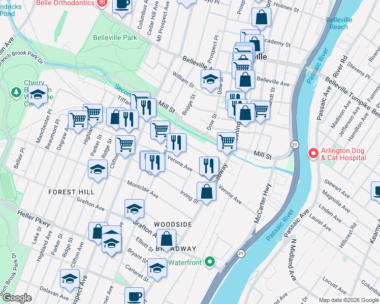map of restaurants, bars, coffee shops, grocery stores, and more near 157 Sylvan Avenue in Newark