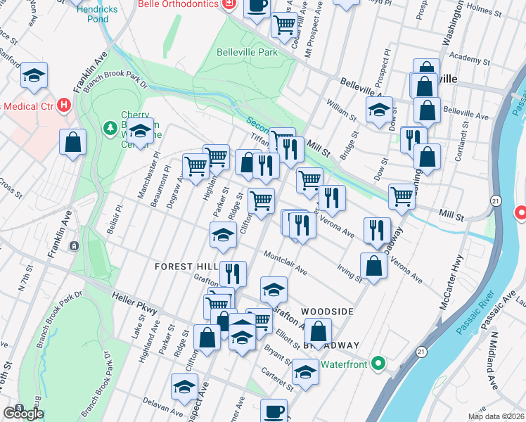 map of restaurants, bars, coffee shops, grocery stores, and more near 223 Verona Avenue in Newark