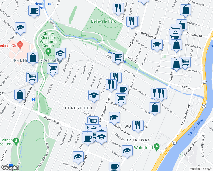 map of restaurants, bars, coffee shops, grocery stores, and more near 825 Ridge Street in Newark