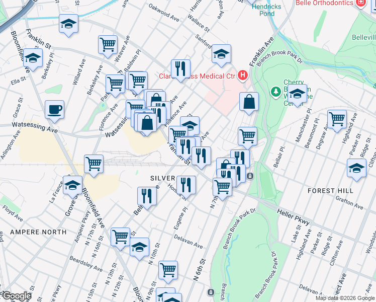 map of restaurants, bars, coffee shops, grocery stores, and more near 244 Belmont Avenue in Belleville
