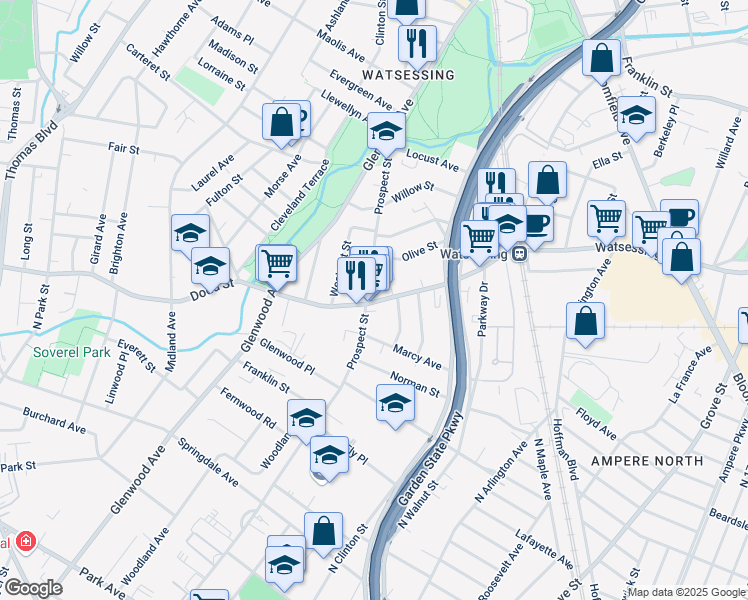 map of restaurants, bars, coffee shops, grocery stores, and more near 523 Prospect Street in East Orange