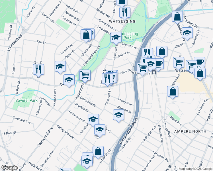 map of restaurants, bars, coffee shops, grocery stores, and more near 523 Prospect Street in East Orange