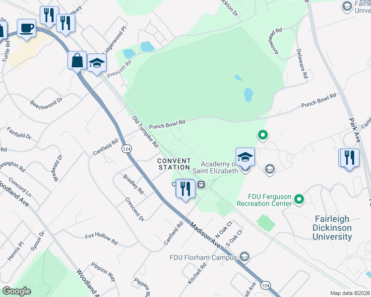 map of restaurants, bars, coffee shops, grocery stores, and more near 6 Northbridge Place in Morristown