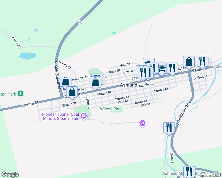 map of restaurants, bars, coffee shops, grocery stores, and more near 1430 Centre Street in Ashland