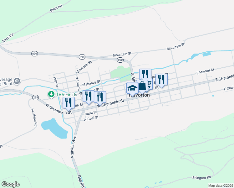map of restaurants, bars, coffee shops, grocery stores, and more near 601 West Market Street in Trevorton