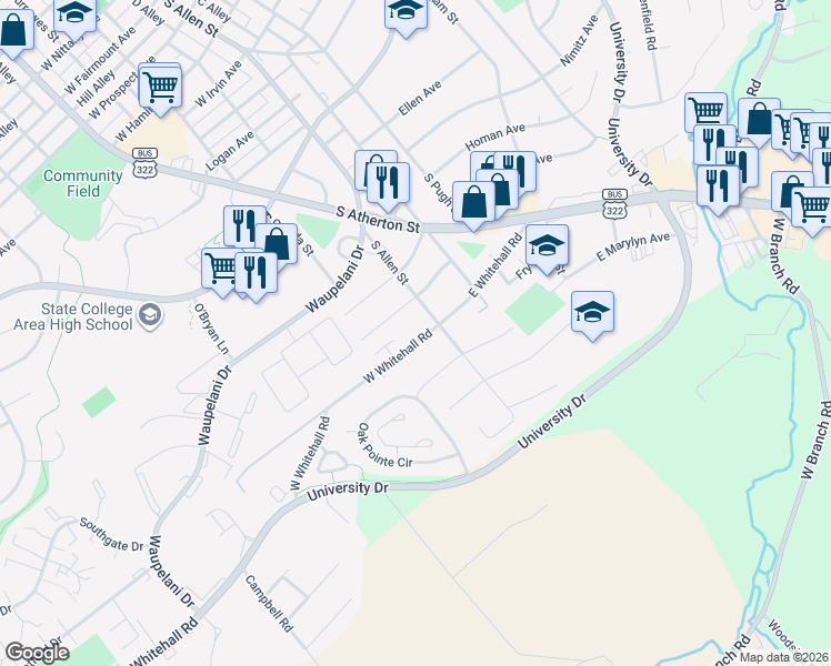 map of restaurants, bars, coffee shops, grocery stores, and more near 119 West Lytle Avenue in State College