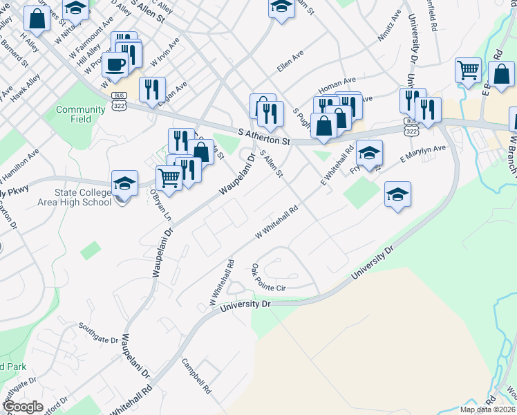 map of restaurants, bars, coffee shops, grocery stores, and more near 142 West South Hills Avenue in State College