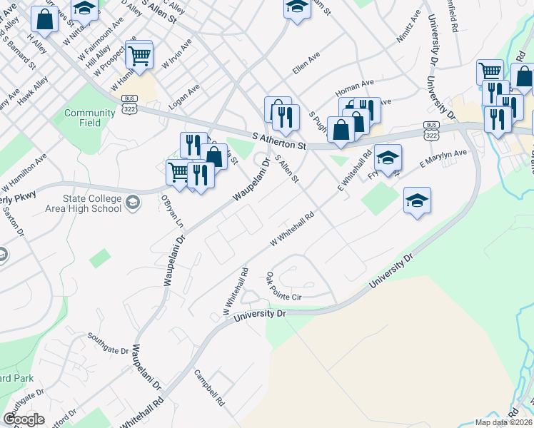 map of restaurants, bars, coffee shops, grocery stores, and more near 142 West South Hills Avenue in State College