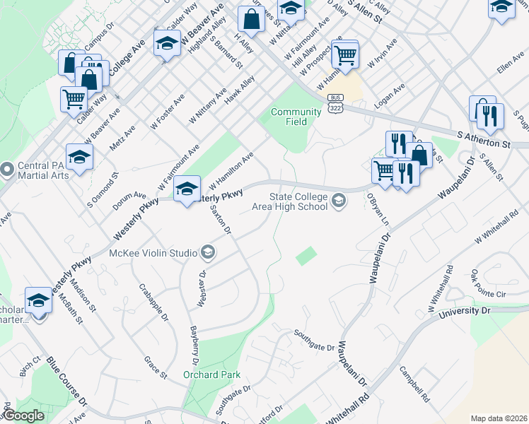 map of restaurants, bars, coffee shops, grocery stores, and more near 800-898 S Sparks St in State College