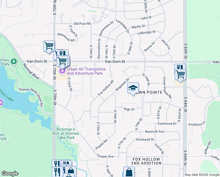 map of restaurants, bars, coffee shops, grocery stores, and more near 2912 Fox Hollow Road in Lincoln